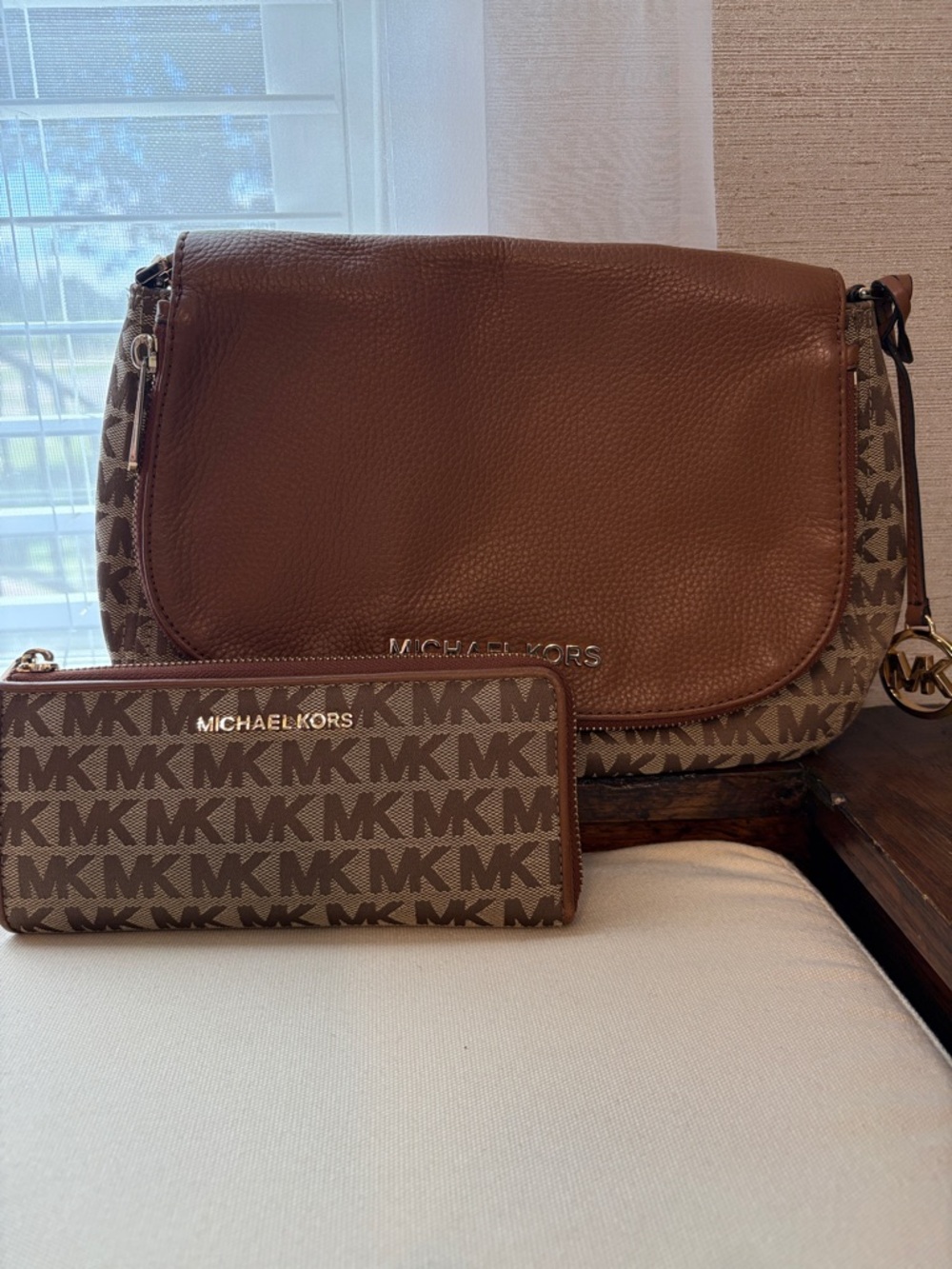Michael Kors Brown MK Logo Shoulder Bag with Matching Wallet Set